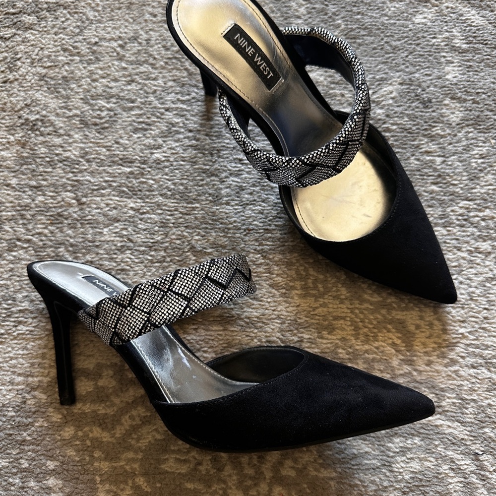 Nine West Black Stiletto Heels with Silver/Rhinestone Straps